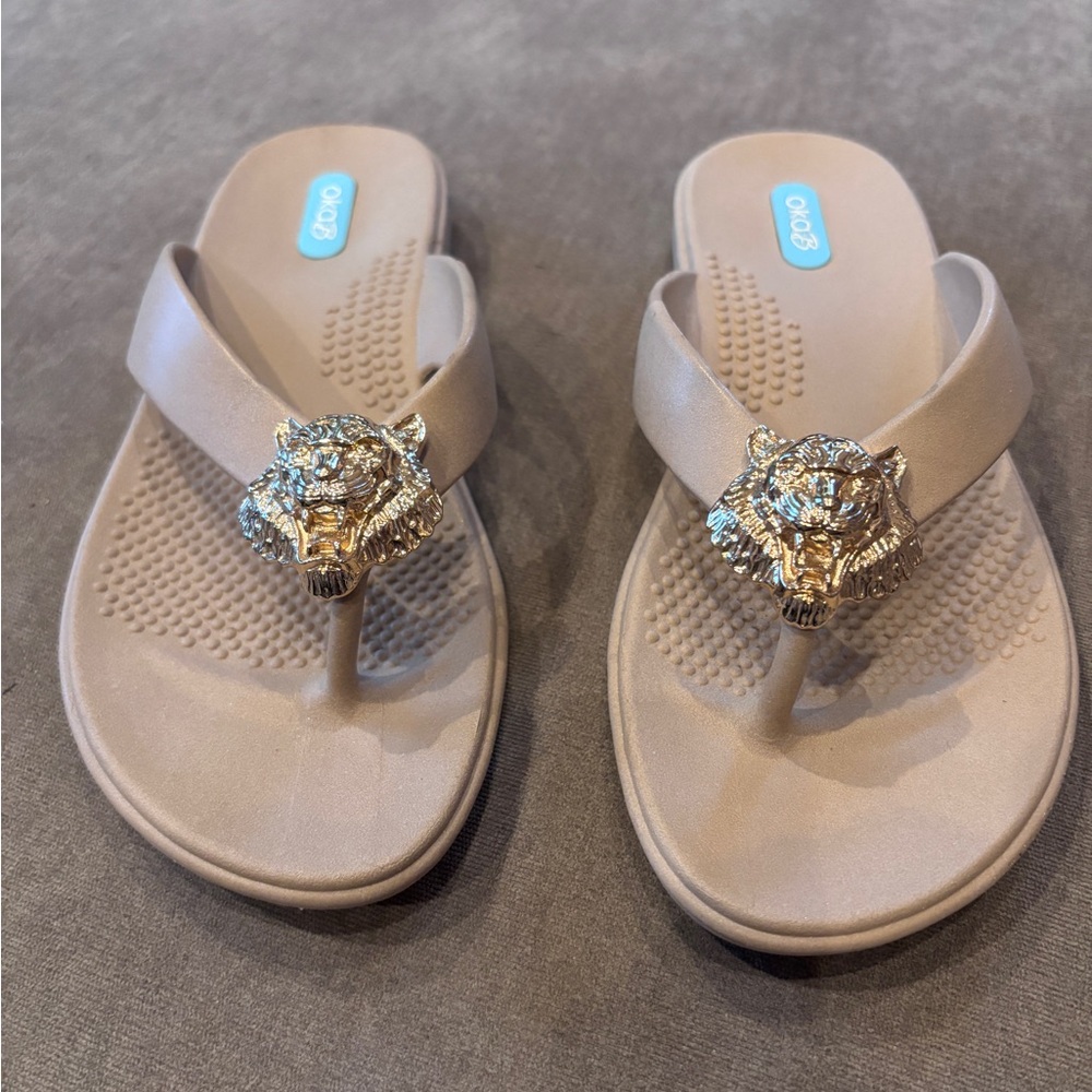 OKA b Tan Gold Sandals with Ornate Medallion